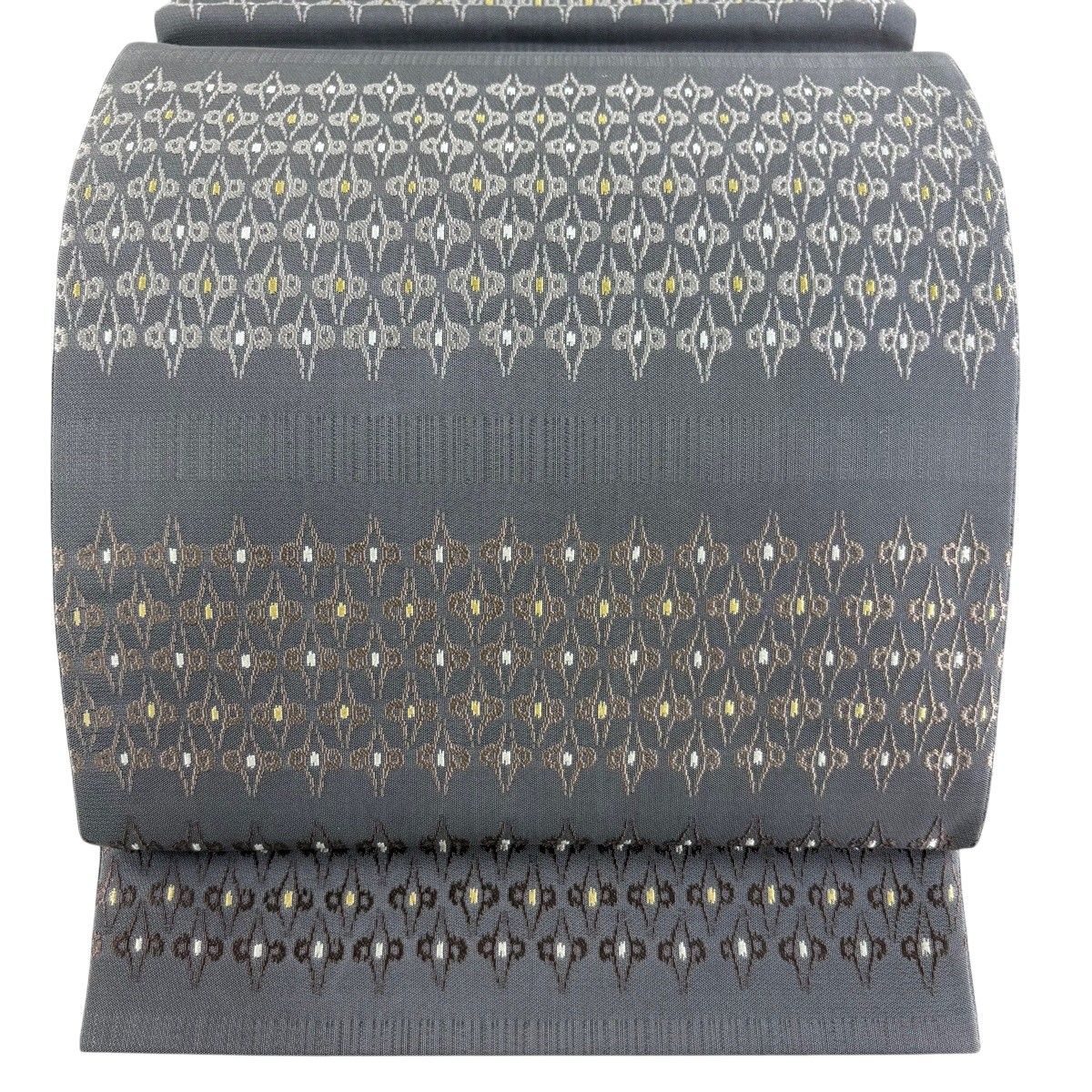 【美品】 袋帯 名品 段縞 幾何学 灰色 六通 正絹 【中古】