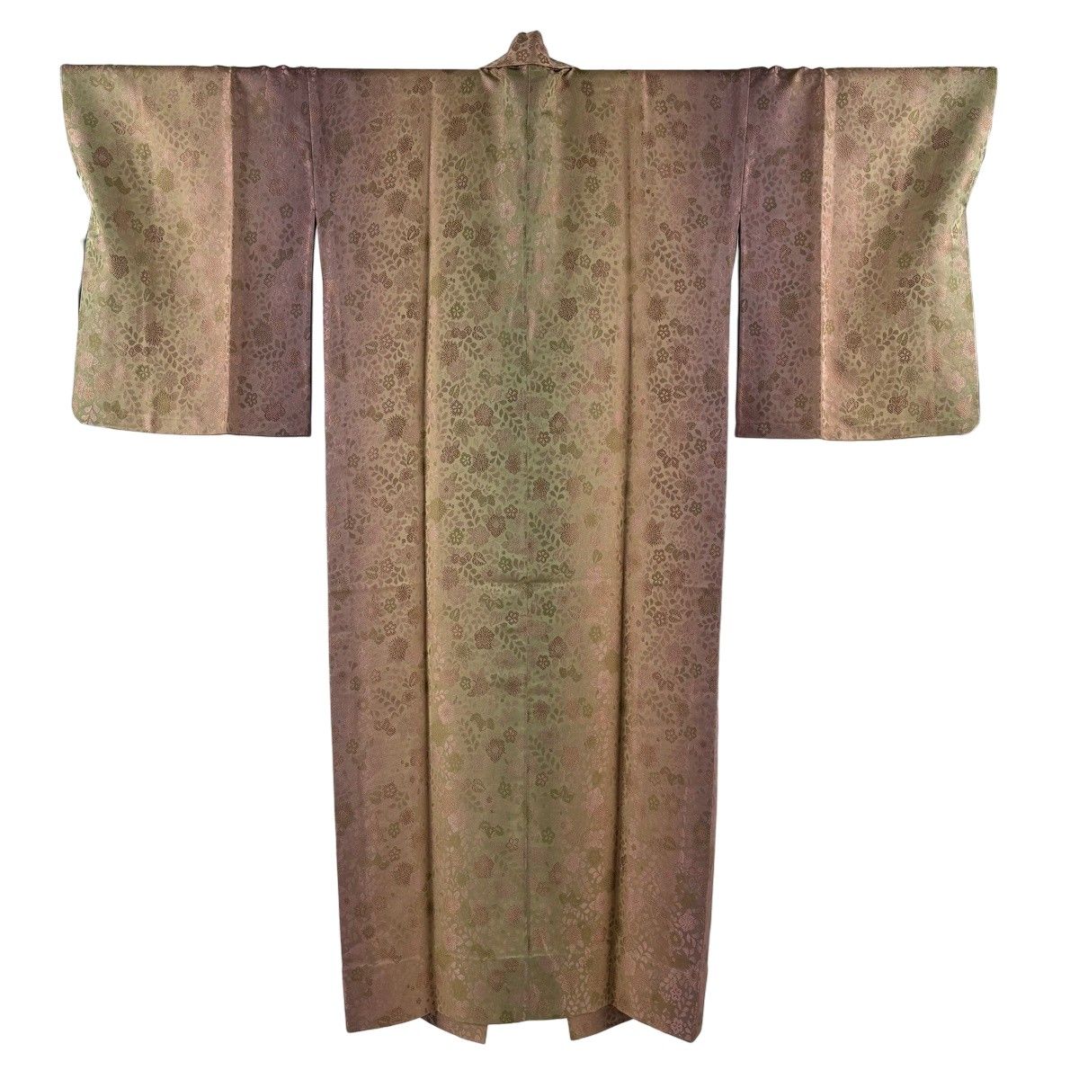 【美品】 道中着 身丈139cm 裄丈70cm L 和装コート 着物衿 草花 縦ぼかし 灰紫 正絹 逸品 【中古】