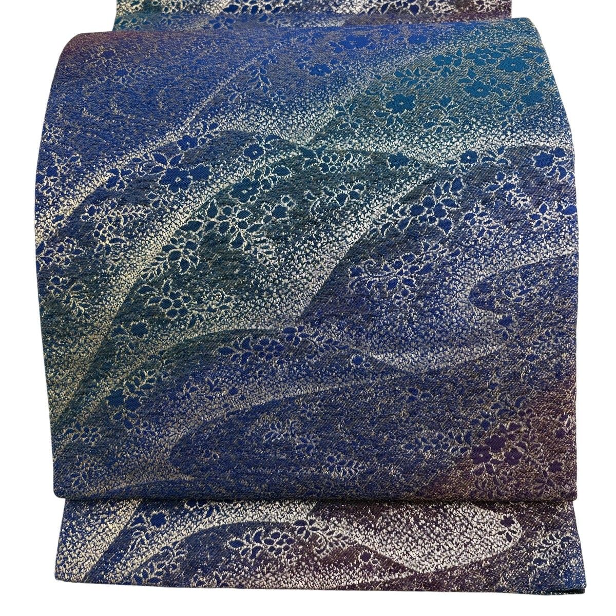 【美品】 袋帯 逸品 吉乃一廉 落款 草花 霞 銀糸 紺色 六通 正絹 【中古】