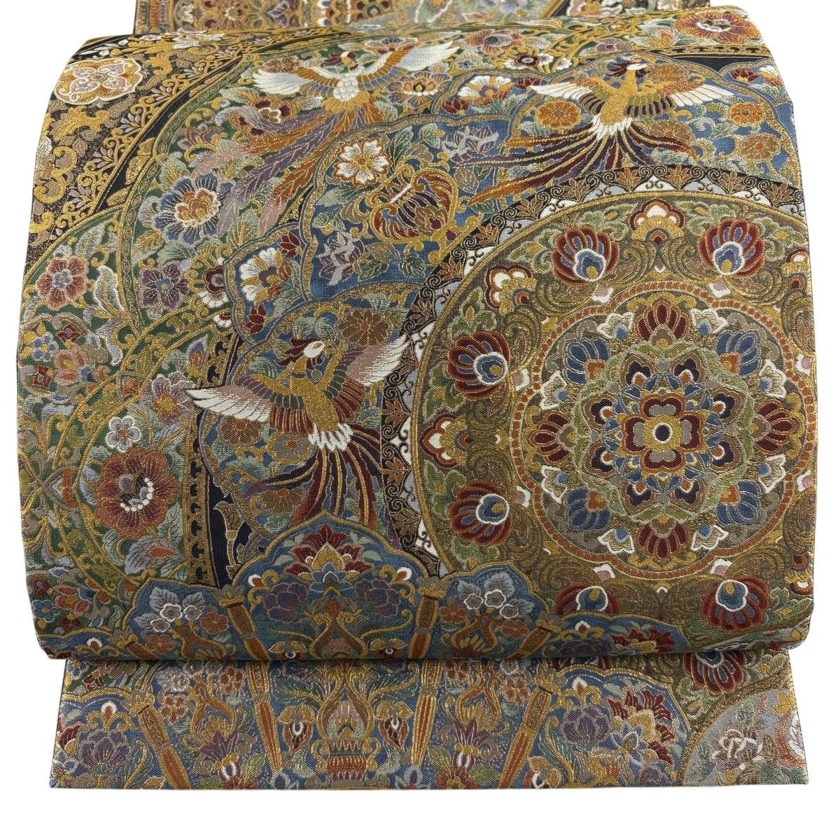 【美品】 袋帯 逸品 正倉院青海更紗文様 金糸 箔 墨色 六通 正絹 【中古】