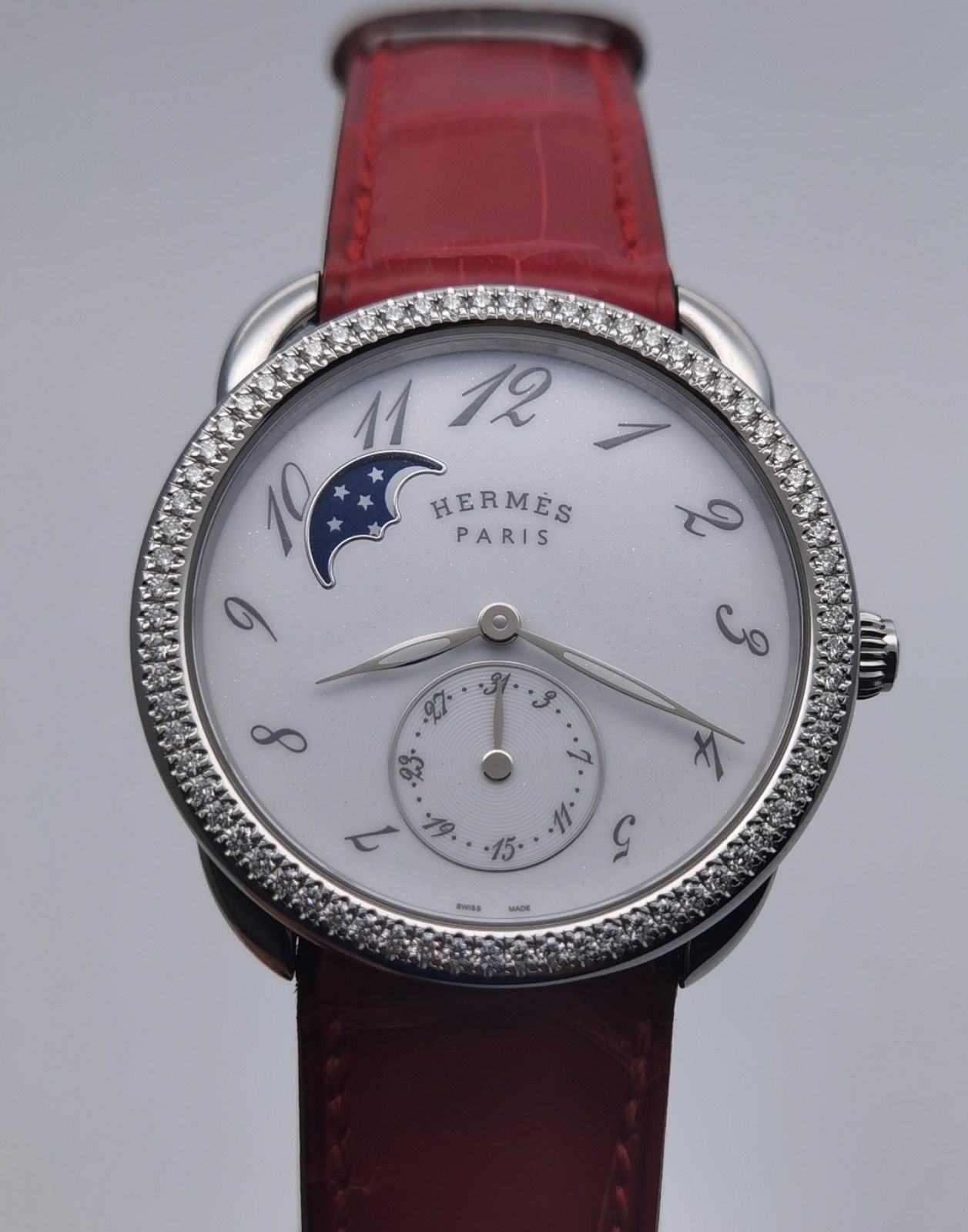 美品 保証書付き エルメス HERMES アルソー プティット リュンヌ AR7M.531 ムーンフェイズ デイト SS ダイヤベゼル メンズ 自動巻き 腕時計