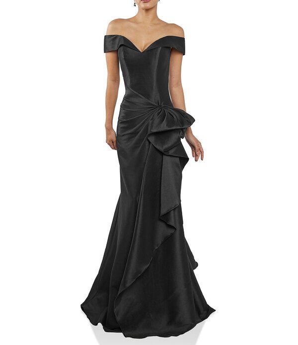 テラニクチュール レディース トップス ワンピース フリル Terani Couture OfftheShoulderuffle Front Mikado Gown Black ブラック
