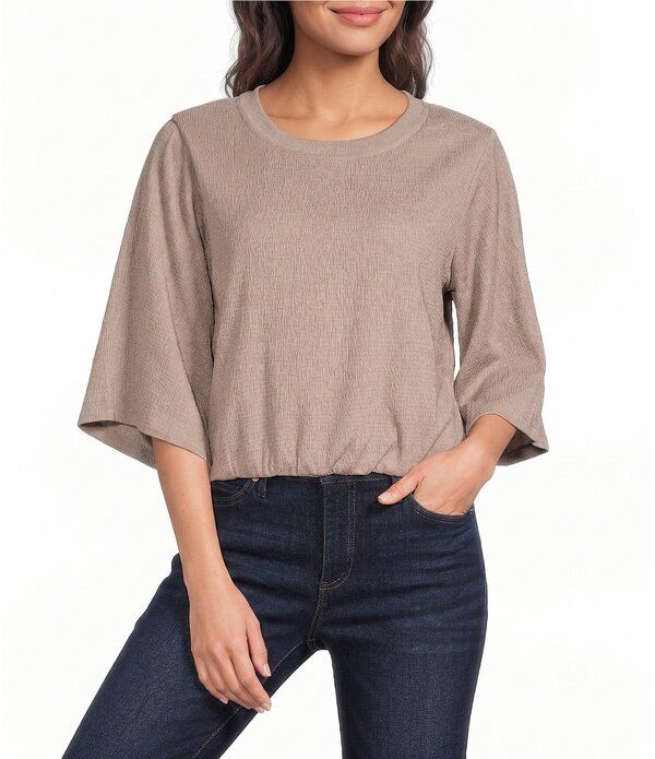 カレッサ レディース トップス シャツ ニット Calessa Knit Round Neck Elbow Length Sleevelastic Hem Top Stone ストーン