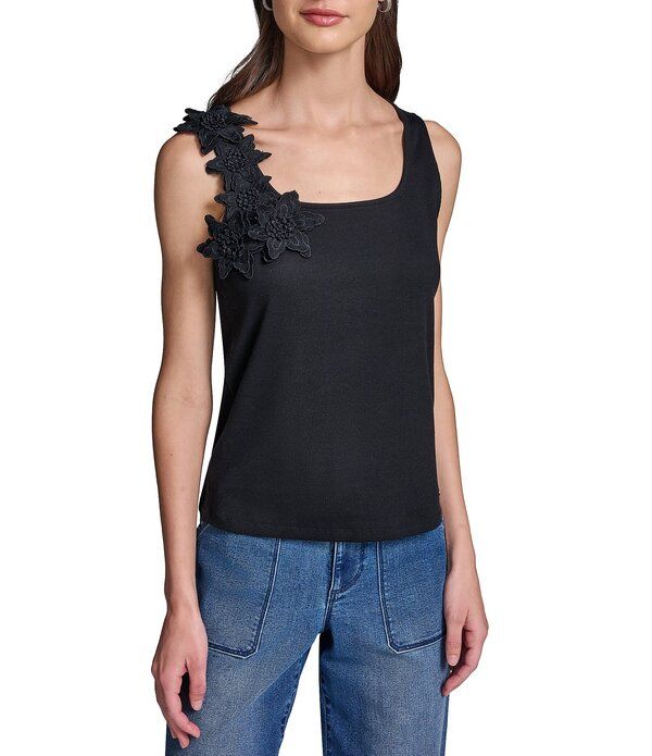 カール ラガーフェルド レディース トップス タンクトップ フラワー柄 ノースリーブ ニット フラワー KARLAGERFELD PARIS Knit Square Neck 3D Floral Sl
