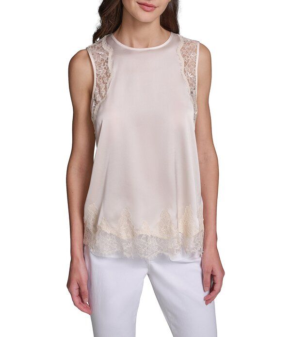 カール ラガーフェルド レディース トップス タンクトップ クルーネック サテン シルク ノースリーブ レース ニット KARLAGERFELD PARIS Knit Satin Silky Lace