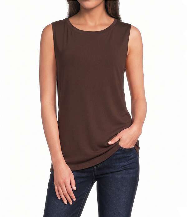 アリ マイルス レディース トップス タンクトップ クレープ ノースリーブ Ali Miles Crepe Luxe Sleeveless Round Neck Tank Chocolate チョコレ