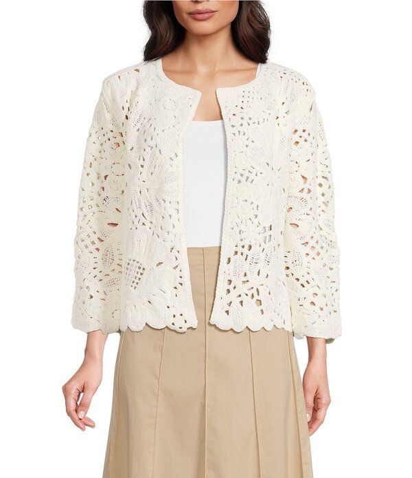 アンクライン レディース アウター ニット・セーター フラワー柄 カーディガン フラワー Anne Klein Crochet Floral Pull On Cardigan White Dove ホ