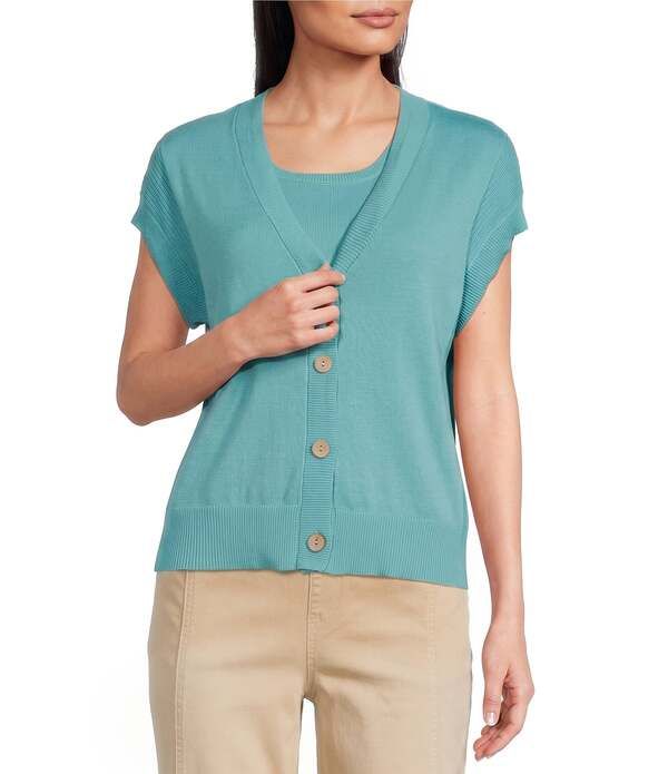 ウエストバウンド レディース アウター ニット・セーター カーディガン Westbound Short Sleeve YNeck Button Front Cardigan Meadow Brook