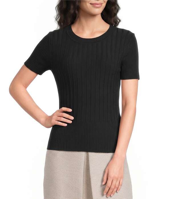 カール ラガーフェルド レディース アウター ニット・セーター クルーネック リブ KARLAGERFELD PARIS Ribbed Knit Crew Neck Short Sleeve Swea