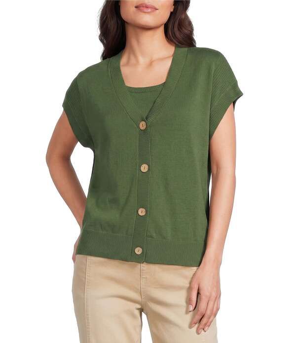 ウエストバウンド レディース アウター ニット・セーター プチ カーディガン Westbound Petite Size Short Sleeve YNeck Button Front Cardiga