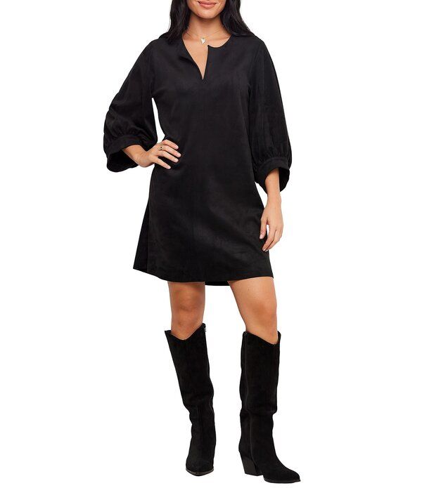 カレンケーン レディース トップス ワンピース Vネック プチ スエード Karen Kane Petite Size Faux Suede Split VNeck 34 Puff Sleeve Sh