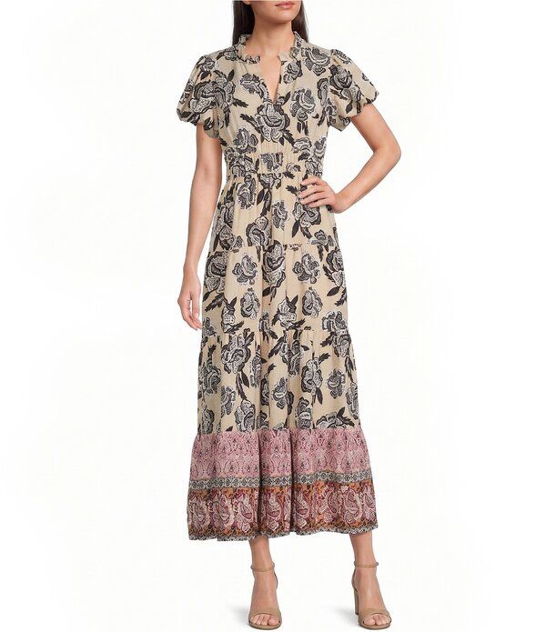 カレッサ レディース トップス ワンピース Vネック A ライン フラワー柄 ミディ フラワー Calessa Woven Mixed Floral Split VNeck Short Puff Sl