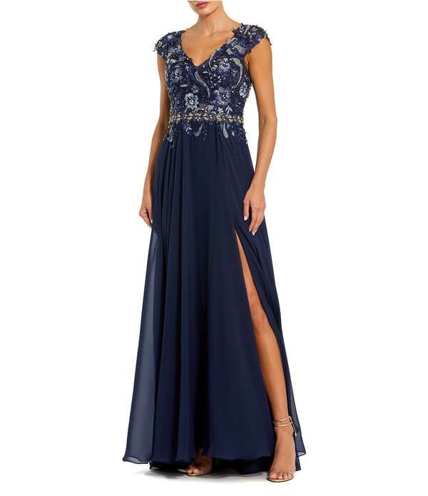 マックダガル レディース トップス ワンピース Vネック A ライン キャップ Mac Duggal Beaded VNeck Cap Sleeve ALine Gown Midnight