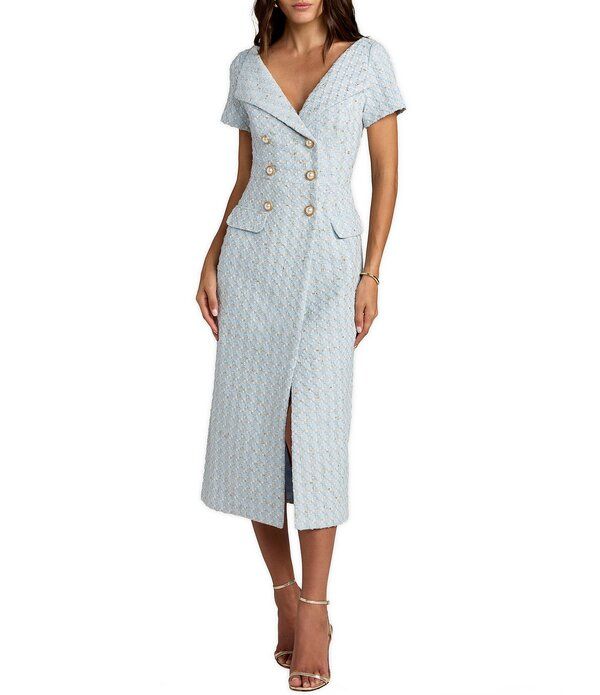 マックダガル レディース トップス ワンピース ミディ Mac Duggal Boucle Short Sleeve Fitted Midi Dress Powder Blue ブルー