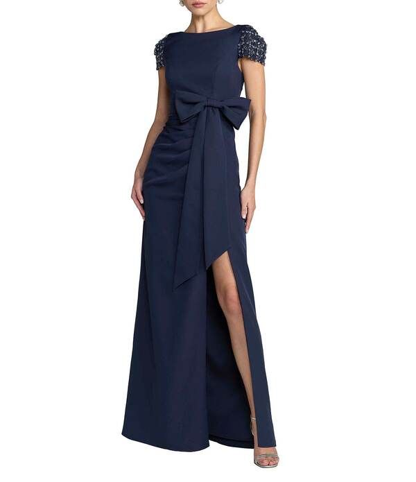 マックダガル レディース トップス ワンピース クレープ Mac Duggal Beaded Short Sleeve Crepe Gown With Bow and Slit Midnight