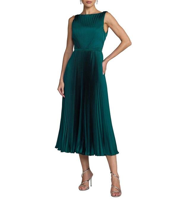 マックダガル レディース トップス ワンピース プリーツ ミディ ノースリーブ Mac Duggal Pleated Sleeveless Charmeuse Boat Neck Midi Dress
