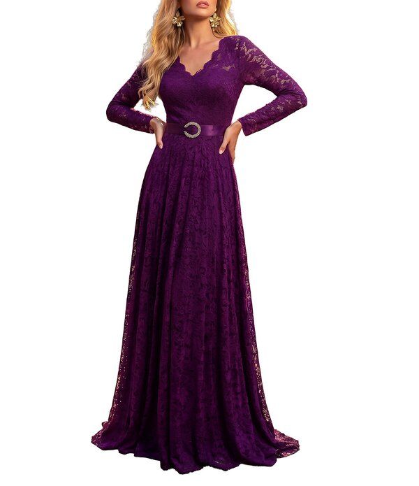 テラニクチュール レディース トップス ワンピース Vネック レース Terani Couture VNeck Long Sleeve Lace Gown Plum プラム