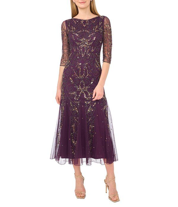 ピサッロナイツ レディース トップス ワンピース クルーネック プチ メッシュ シアー Pisarro Nights Petite Size Beaded Mesh Illusion Crew Nec
