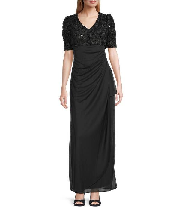 アレックスイブニングス レディース トップス ワンピース Vネック プチ フリル エンパイア レース Alex Evenings Petite Size Lace Soutache Bodice VN
