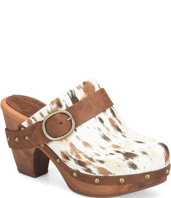 コークイーズ レディース シューズ サンダル プリント ミニ KorkEase Gemini Animal Printed Calf Hair Studded Mule Clogs WhiteBlac