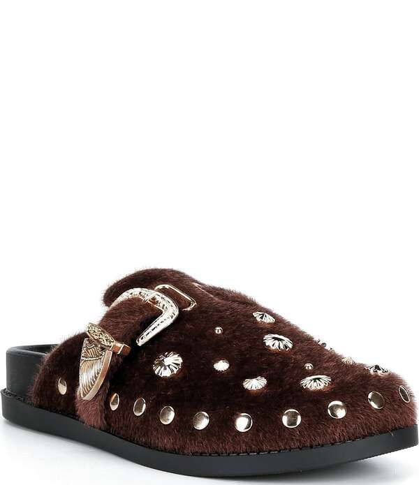 アザレア ワン レディース シューズ パンプス Azalea Wang Walsh Studded Western Buckle Faux Fur Mule Clogs Chocolate チョコレー