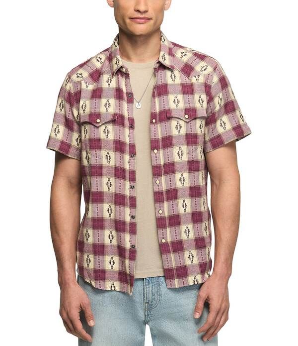 ラッキーブランド メンズ トップス シャツ Lucky Brand Short Sleeve Mesa Western Jacquard Plaid Shirt Magenta マゼンタ