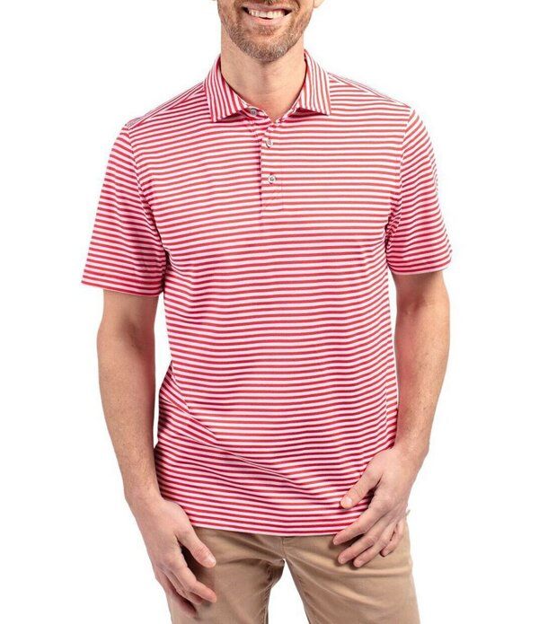 カッターアンドバック メンズ トップス シャツ トール Cutter Buck Big Tall Virtueco Pique Stripe Short Sleeve Polo Shirt Red レ