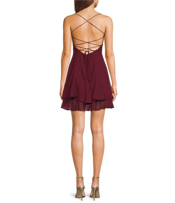 ルルズ レディース トップス ワンピース シフォン フリル ミニ Lulus Lauren Laye red Ruffle Chiffon Mini Dress Wine Red レッド