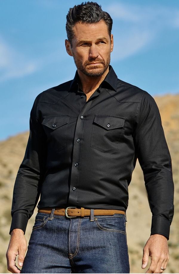 デイビッドドナヒュー メンズ トップス シャツ コットン Davidonahue Trim Fit Black Cotton Twill ButtonUp Western Shirt Black ブラ