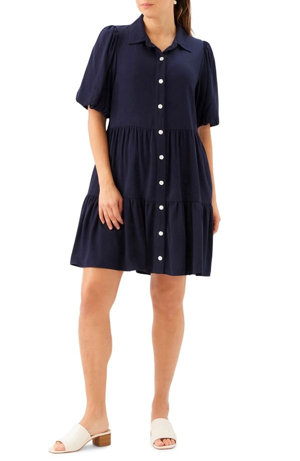 カレンケーン レディース トップス ワンピース ティアード シャツ Karen Kane Tie red Puff Sleeve Shirtdress NAVY ネイビー 32,370円