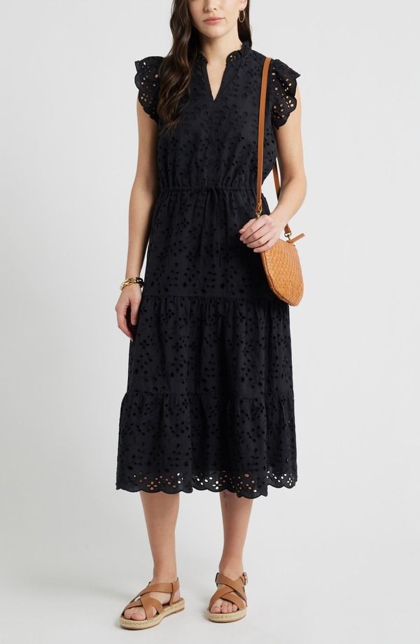 キャスロン レディース トップス ワンピース フリル ミディ コットン Caslon Ruffle Flutter Sleeve Cotton Broderie Anglaise Midi Dress