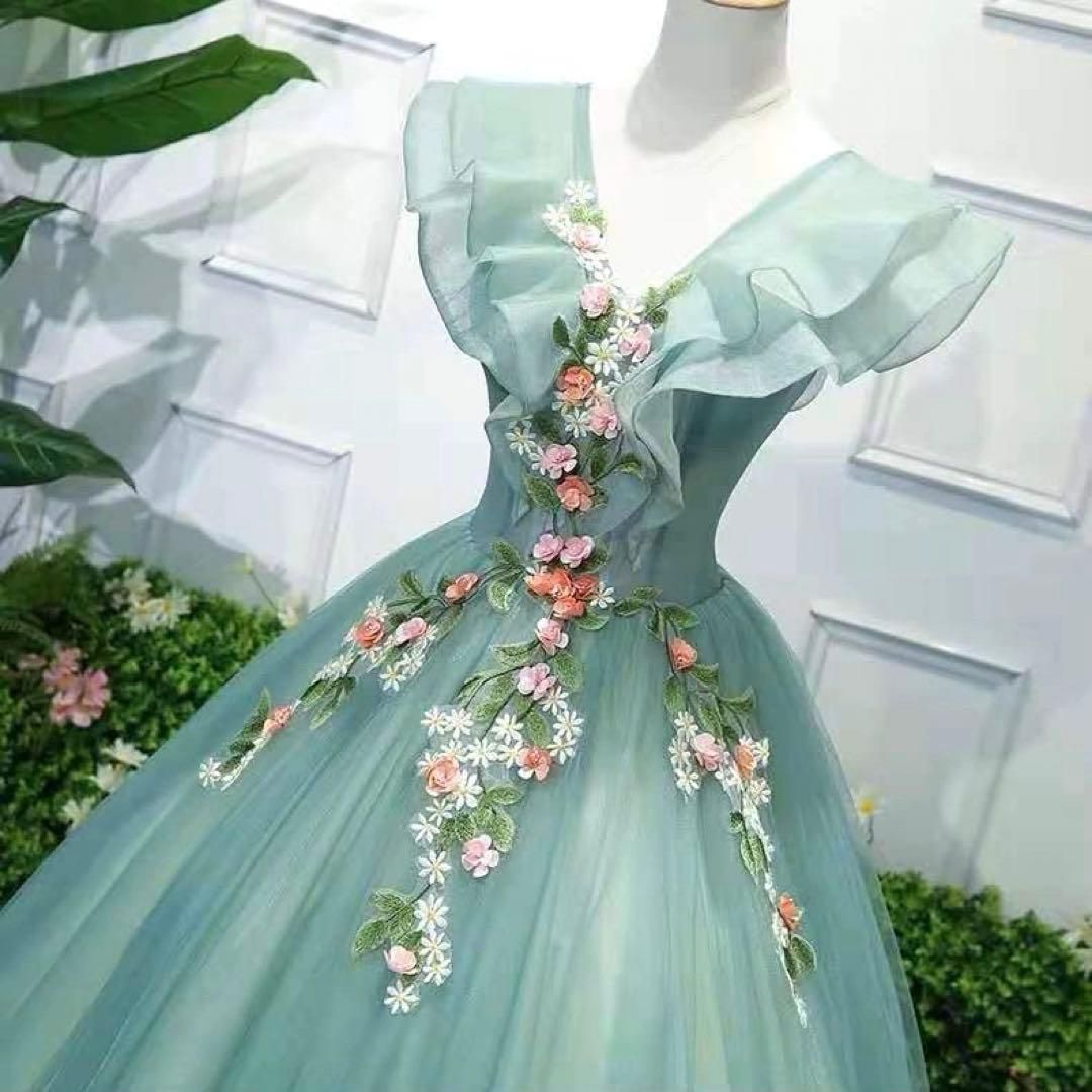 ボールガウン チュール 3Dフラワー ミントグリーン Vネック ロング 結婚式 レディース ボールガウン チュール 3Dフラワー ミントグリーン Vネック