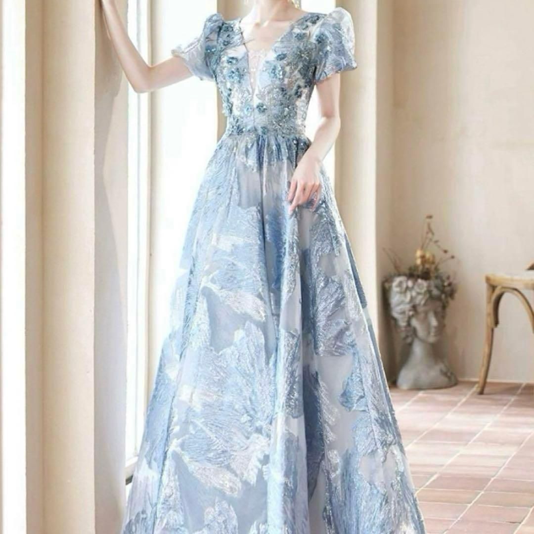 ブルー 花柄刺繍 ロングドレス パフスリーブ プリンセスライン フォーマル