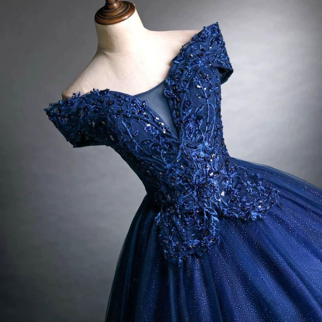 ネイビー 豪華刺繍 ドレス ラメ チュール 演奏会 結婚式 パーティー