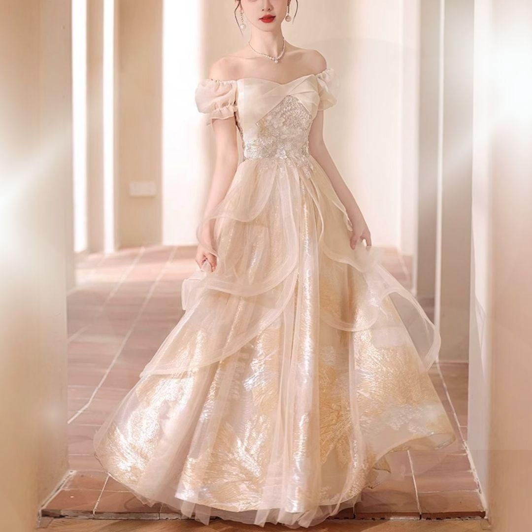 花柄フリルロングドレス ? 2wayオフショルダー ベージュ