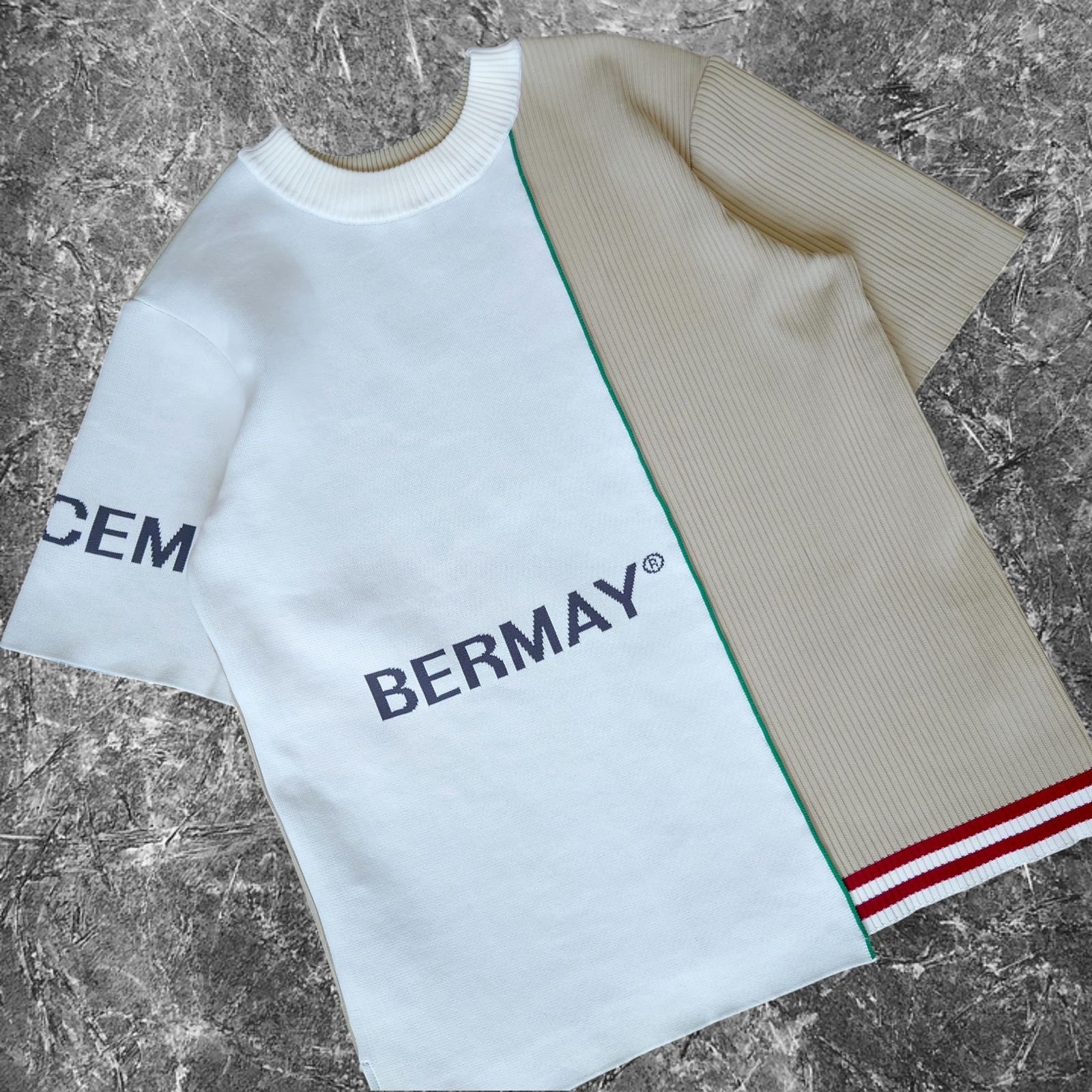 極美品 DECEMBERMAY GOLF モックネックニットシャツ モックシャツ モックニット サマーニットシャツ アシンメトリー 半袖 ドッキングデザイン メンズ ドッキングデザイン ホワイト ベージュ デカロゴ ディセンバーメイ ゴルフウェア 12,166円