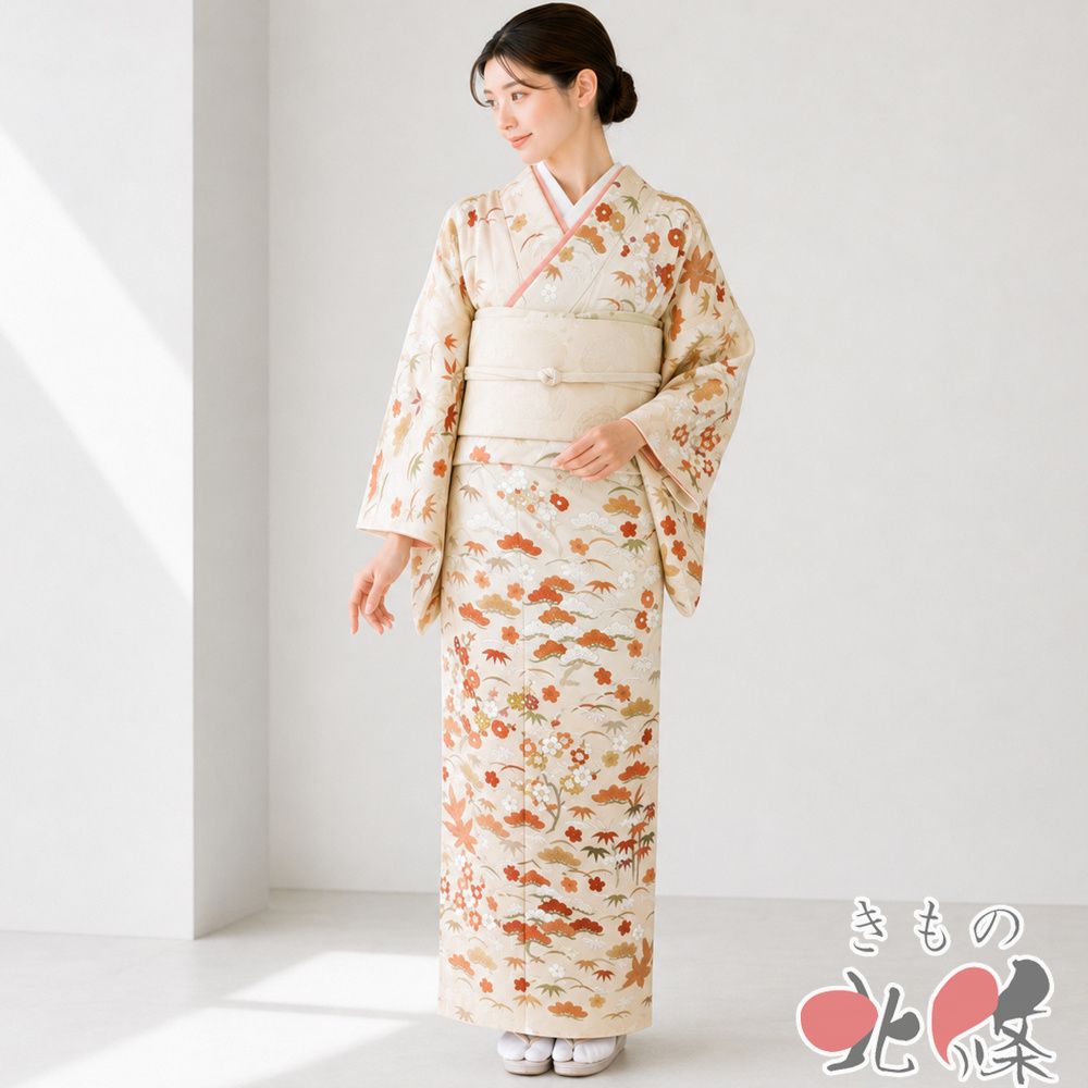 訪問着 着物 未使用 正絹 袷 金駒刺繍 花の図 松竹梅 暈し 白練色 ピーチ色 多色 金 身丈155.5cm 裄63cm SA きもの北條 A1399-12