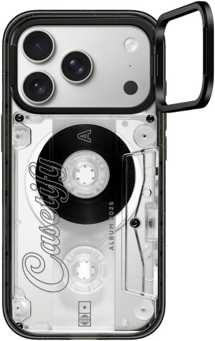 CASETiFY インパクト リングスタンド iPhone 17 Pro ケース [スタンド機能/薄型 軽量/耐衝撃] - Audio Cassette - クリア ブラック