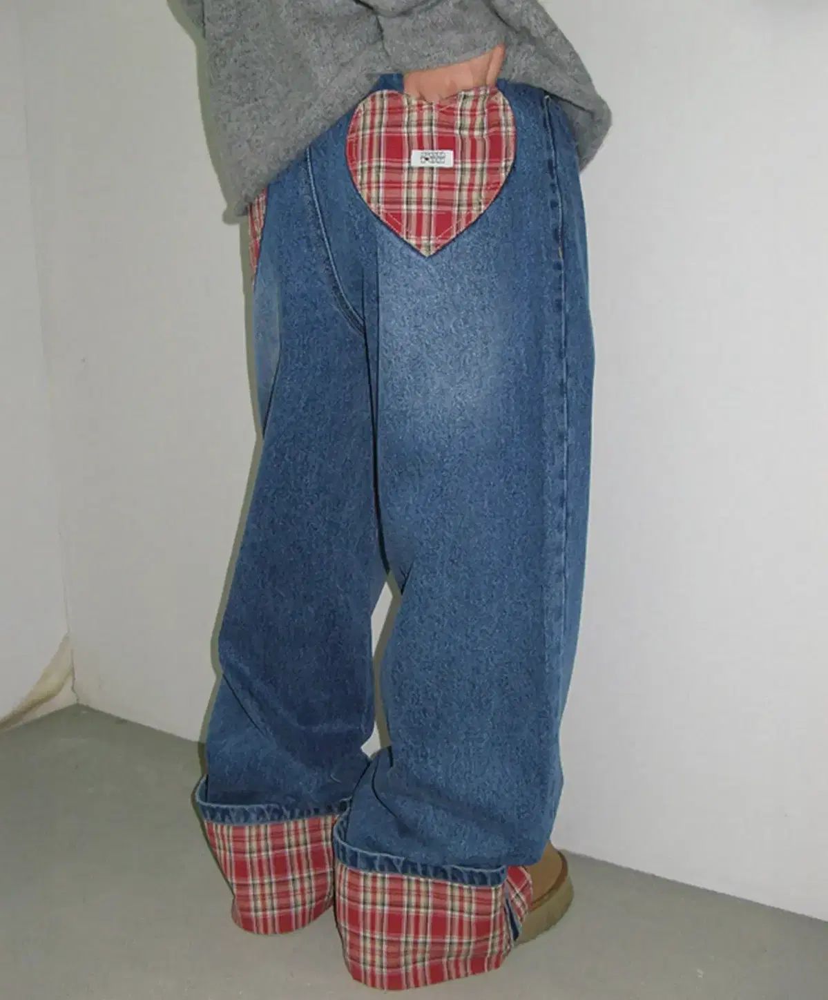RONRON パッチロールアップ デニム パンツ レッド CHECK M
