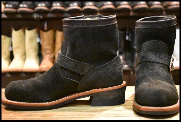 [7E Good Condition Black Tag] Chippewa 1901M70 Black Suede Short Engineer Black Odessa Reverse Black Boots HOPESMORE [GG472]