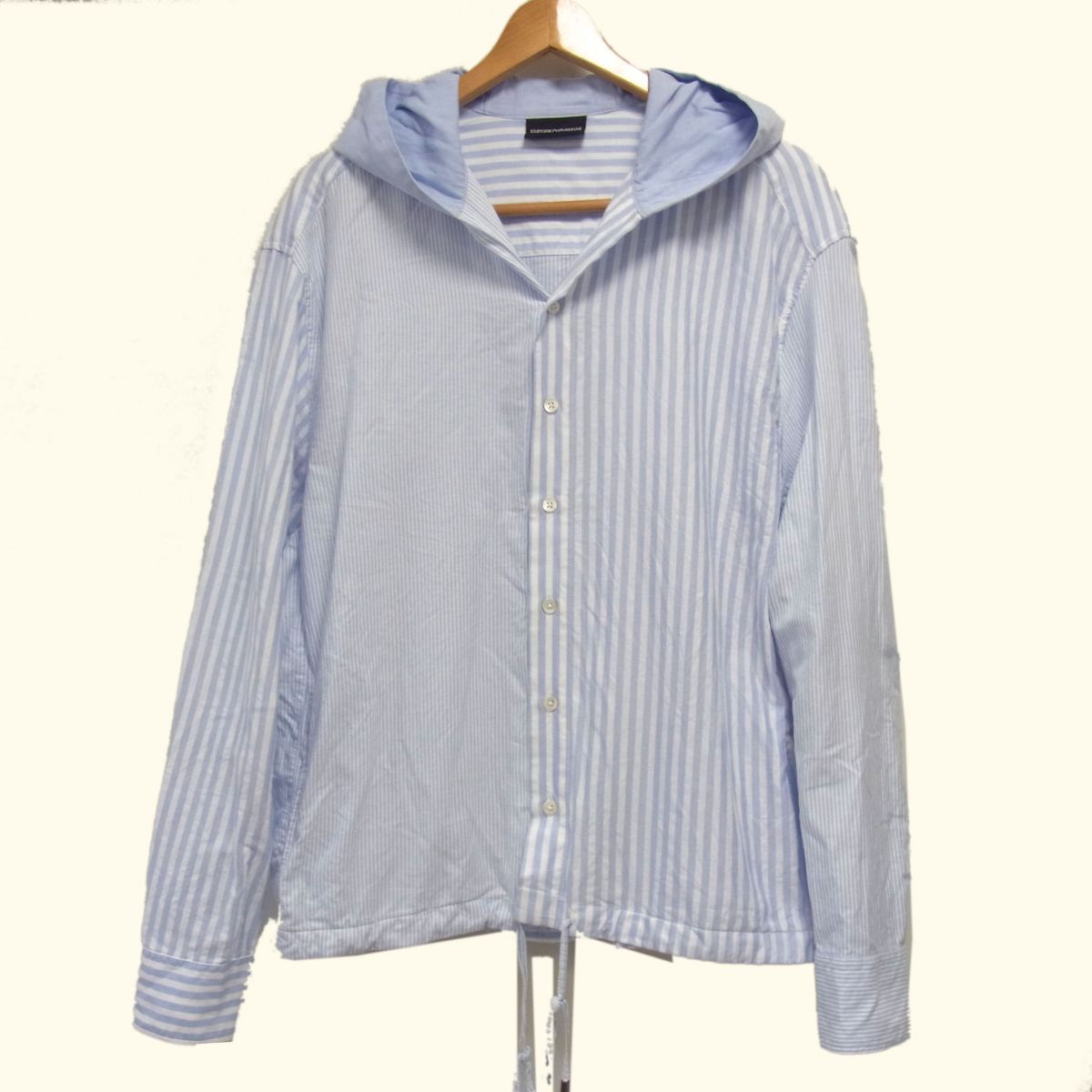 美品 定価8万円☆ARMANI アルマーニ フード付き ストライプ シャツ ジャケット ライトブルー ホワイト メンズ