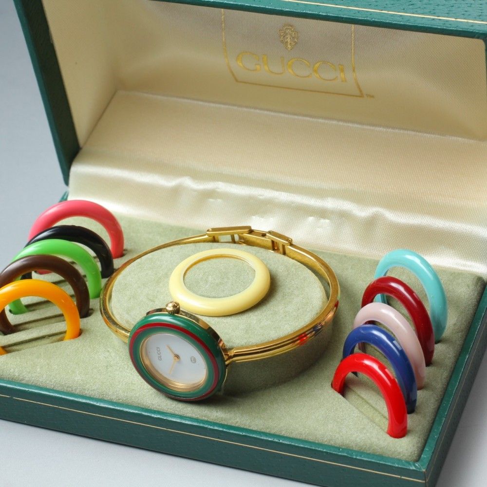 【稼働品】 GUCCI Change Bezel 11/12 ホワイト ゴールド 純正ブレス 元箱 クオーツ レディース 腕時計 #17283