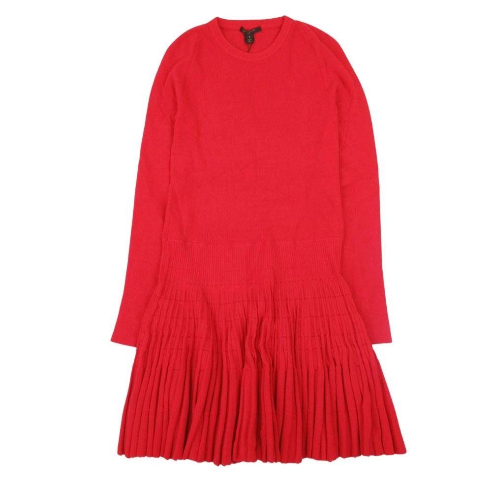 未使用 LOUIS VUITTON ルイヴィトン ニットドレス ワンピース 裾プリーツ FIT AND FLARED KNIT DRESS 17aw S 赤 レッド レディース 古着 中古 USED