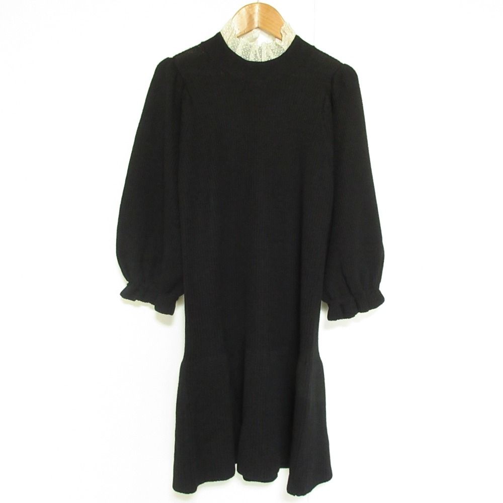 美品 RED VALENTINO レッドヴァレンティノ レースカラー ニットワンピース XSサイズ ブラック レディース 古着 中古 USED