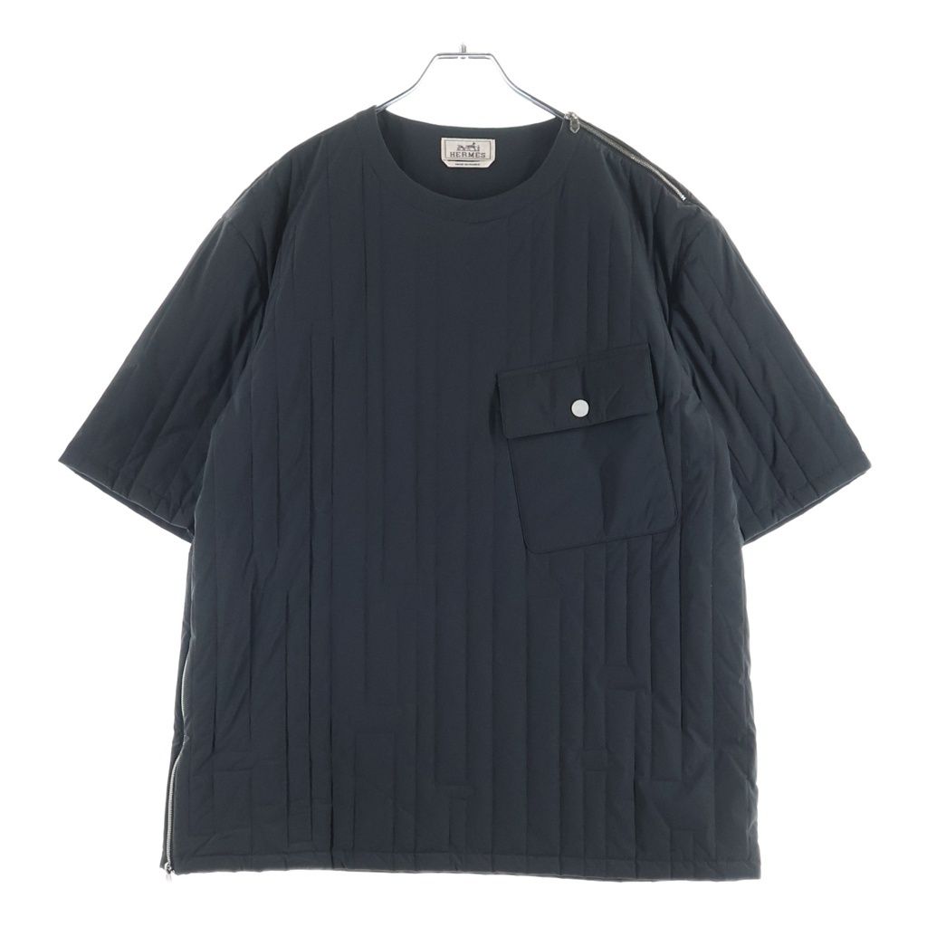 HERMES (エルメス) マテラッセ ジャケット プルオーバー 胸ポケット セリエボタン サイドジップ 中綿キルティング Tシャツ カットソー グレー