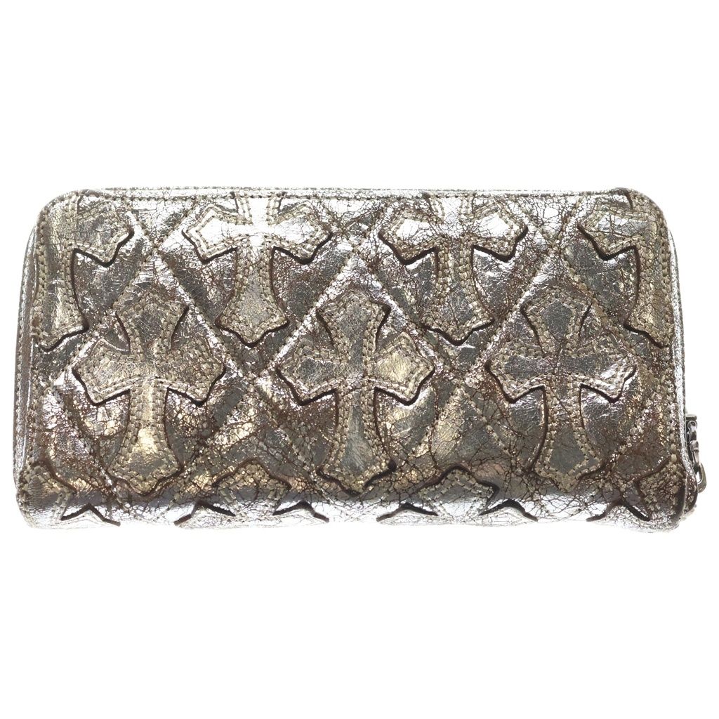CHROME HEARTS (クロムハーツ) REC F ZIP QUILTED WALLET セメタリークロス キルティング レザーロングウォレット 長財布 シルバー