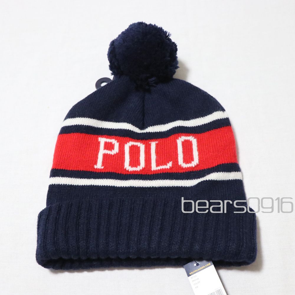 【ポロラルフローレン】新品タグ付き ビーニー ニットキャップ メンズ F 濃紺赤白 POLO RALPH LAUREN ポンポン ジャガード トリコロール 星条旗カラー アメリカ正規店購入