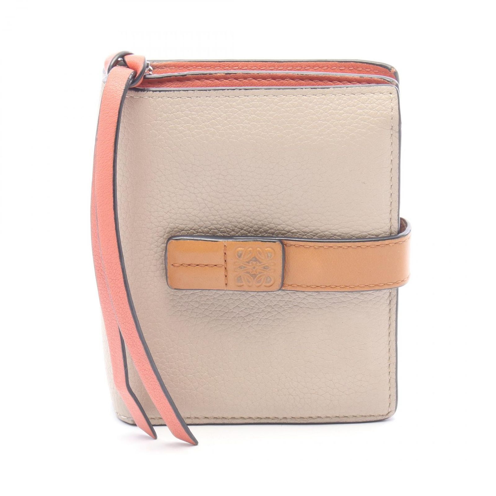 ロエベ LOEWE 二つ折り財布 コンパクト ジップ ウォレット ベージュ レザー コンパクト ウォレット レディース Used B