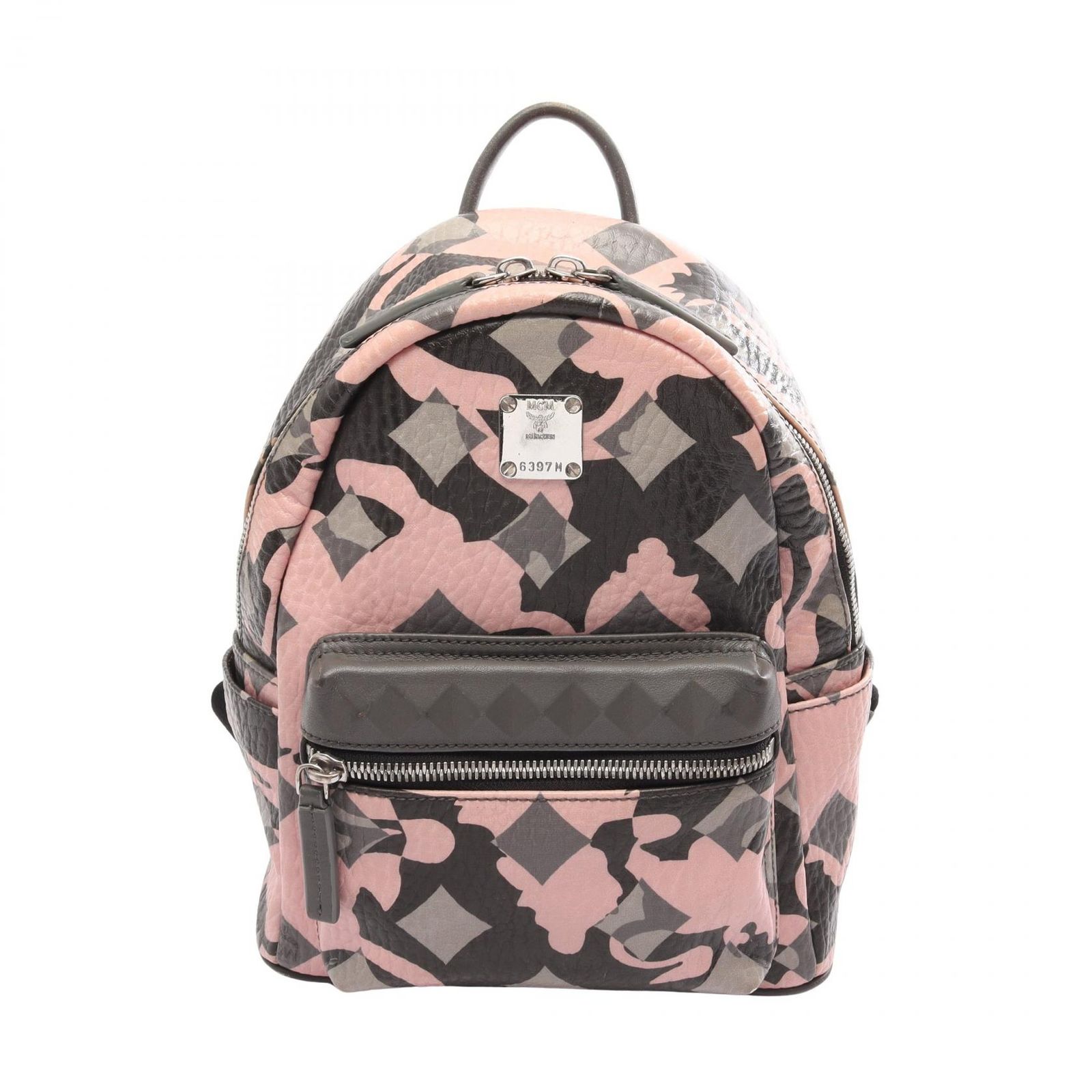 エム・シー・エム MCM リュックサック バックパック デイパック カモフラージュ ピンク/グレー レザー バックパック レディース Used B