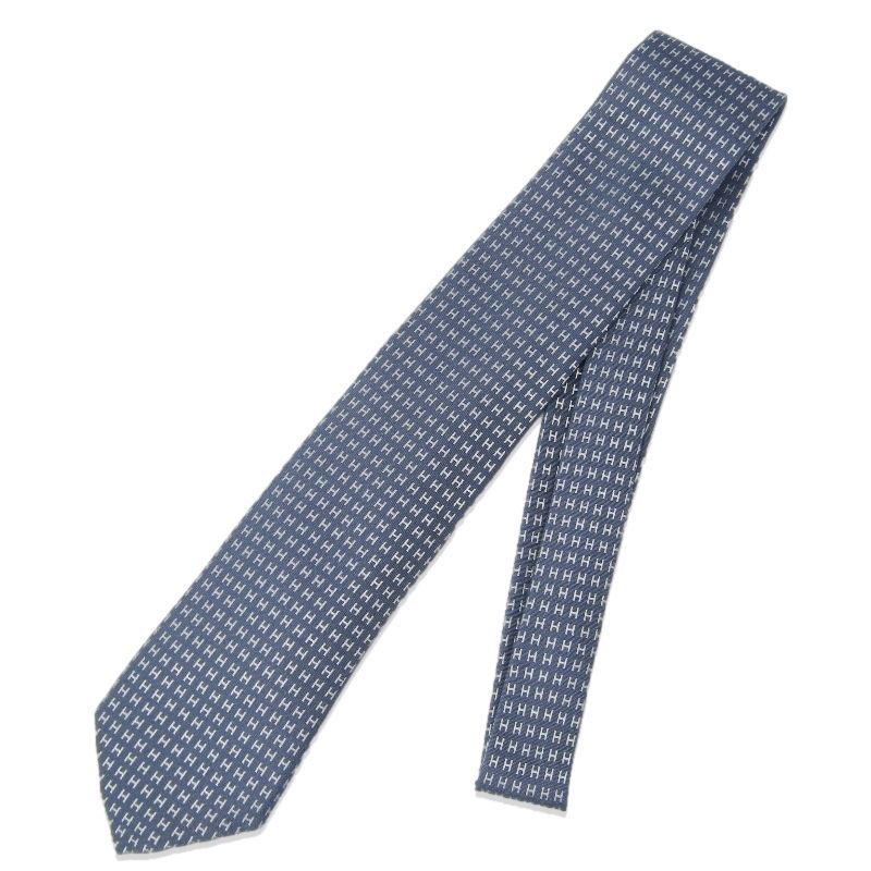 美品 HERMES エルメス ネクタイ 038188T CRAVATE FACONNEE ファソネH H織りタイ バイカラー 8cm シルク マリン/ブルー 60010066